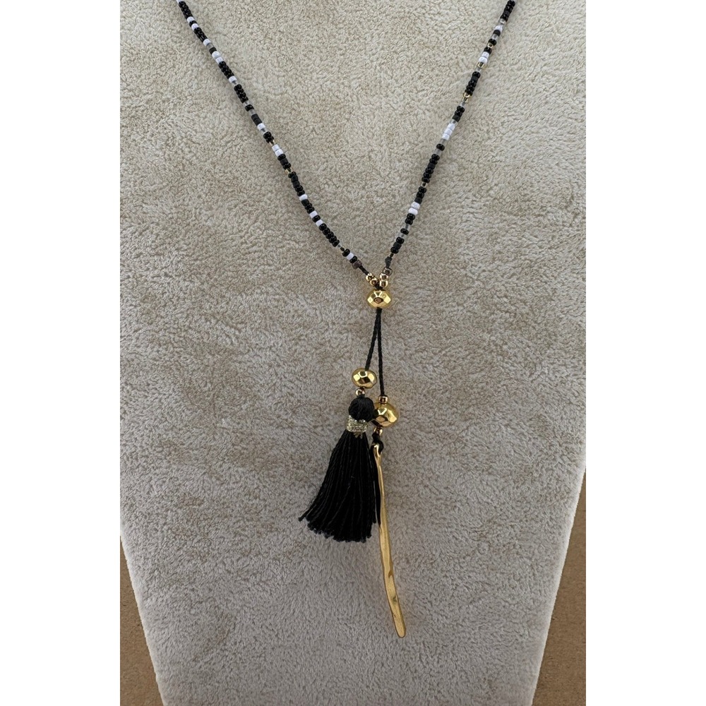 Gorjana Beaded Tassel Lariat Necklace Gold Tone Black White Seed Bead Boho Bar